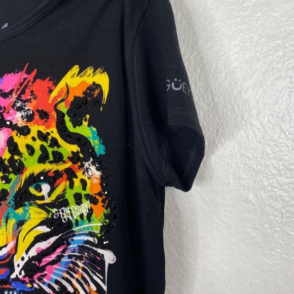 Ay Guey Women's Top Black Sz S Baby Tee Jaguar Graphic Rhinestones Colorful - Picture 7 of 9